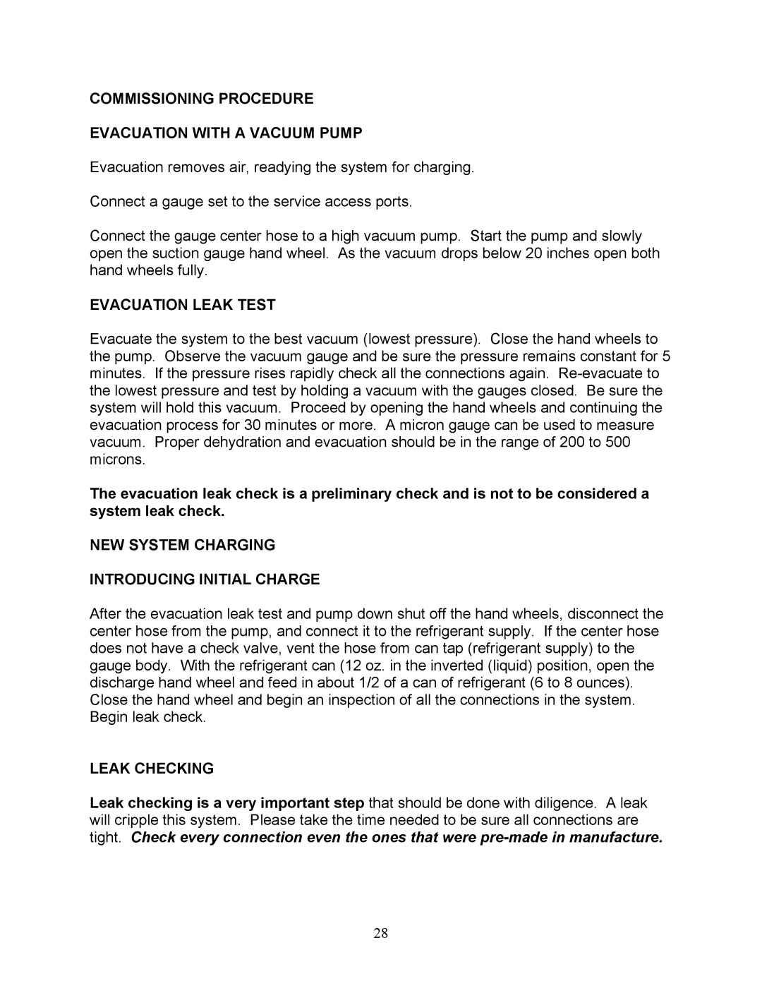 Sea Frost DC 5000 Commissioning Procedure Evacuation with a Vacuum Pump, Evacuation Leak Test, Leak Checking 