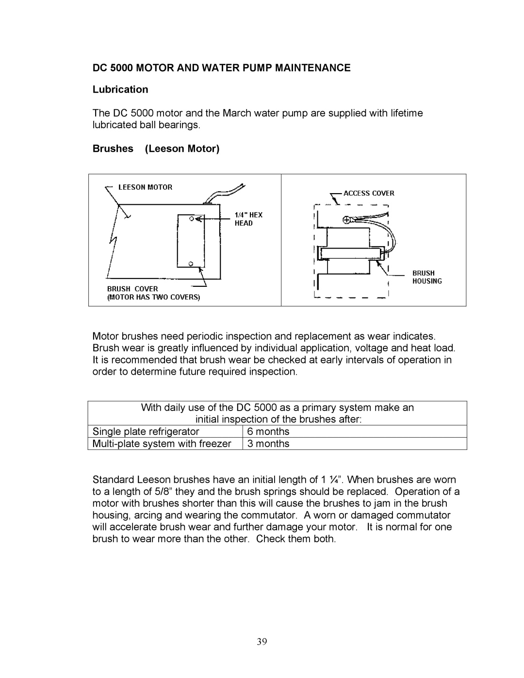 Sea Frost installation instructions DC 5000 Motor and Water Pump Maintenance, Lubrication, Brushes Leeson Motor 