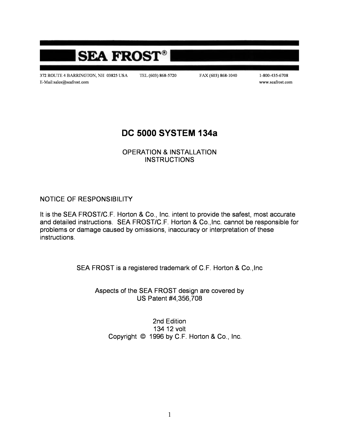 Sea Frost installation instructions DC 5000 SYSTEM 134a 