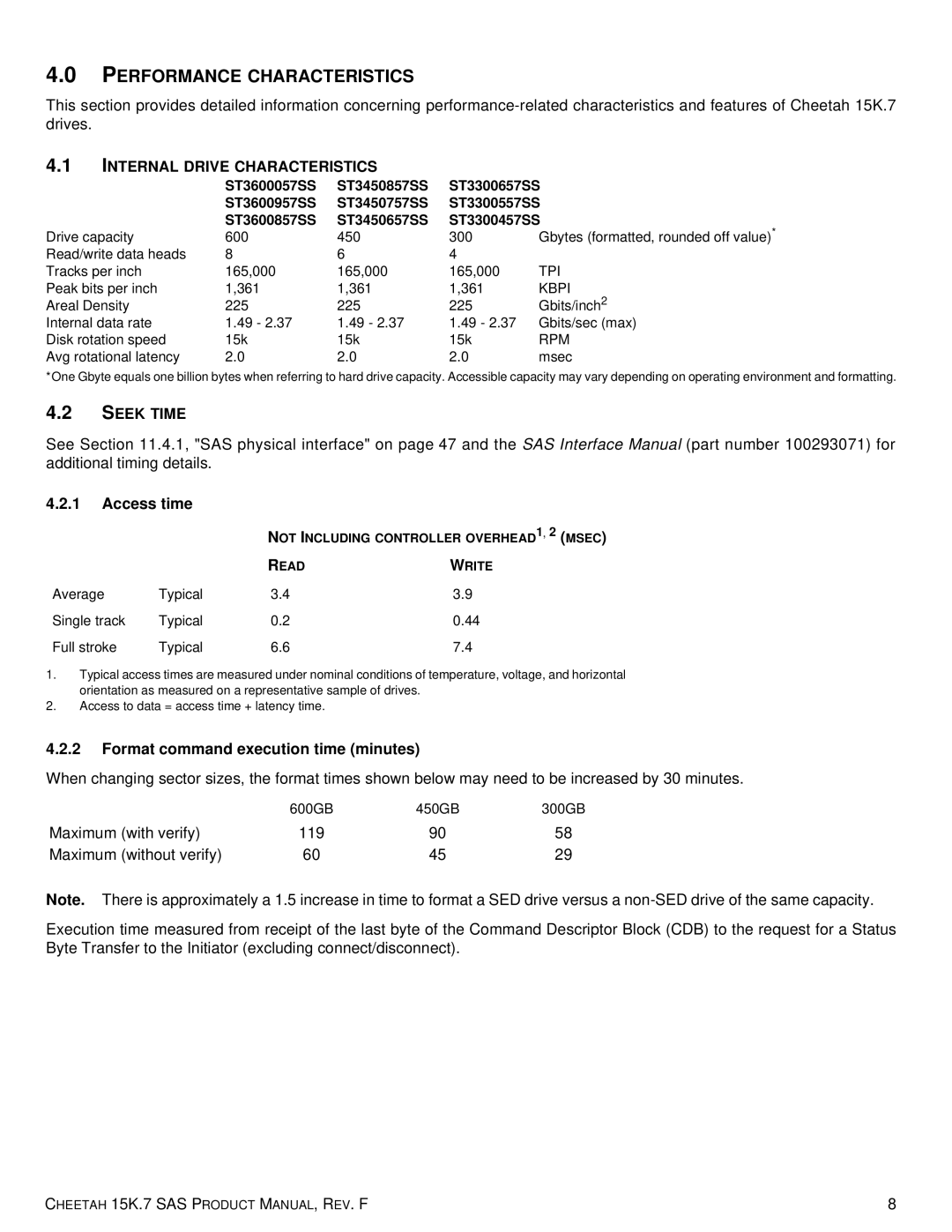 Seagate ST3300457SS, 100516226 manual Performance Characteristics, Internal Drive Characteristics, Seek Time, Access time 