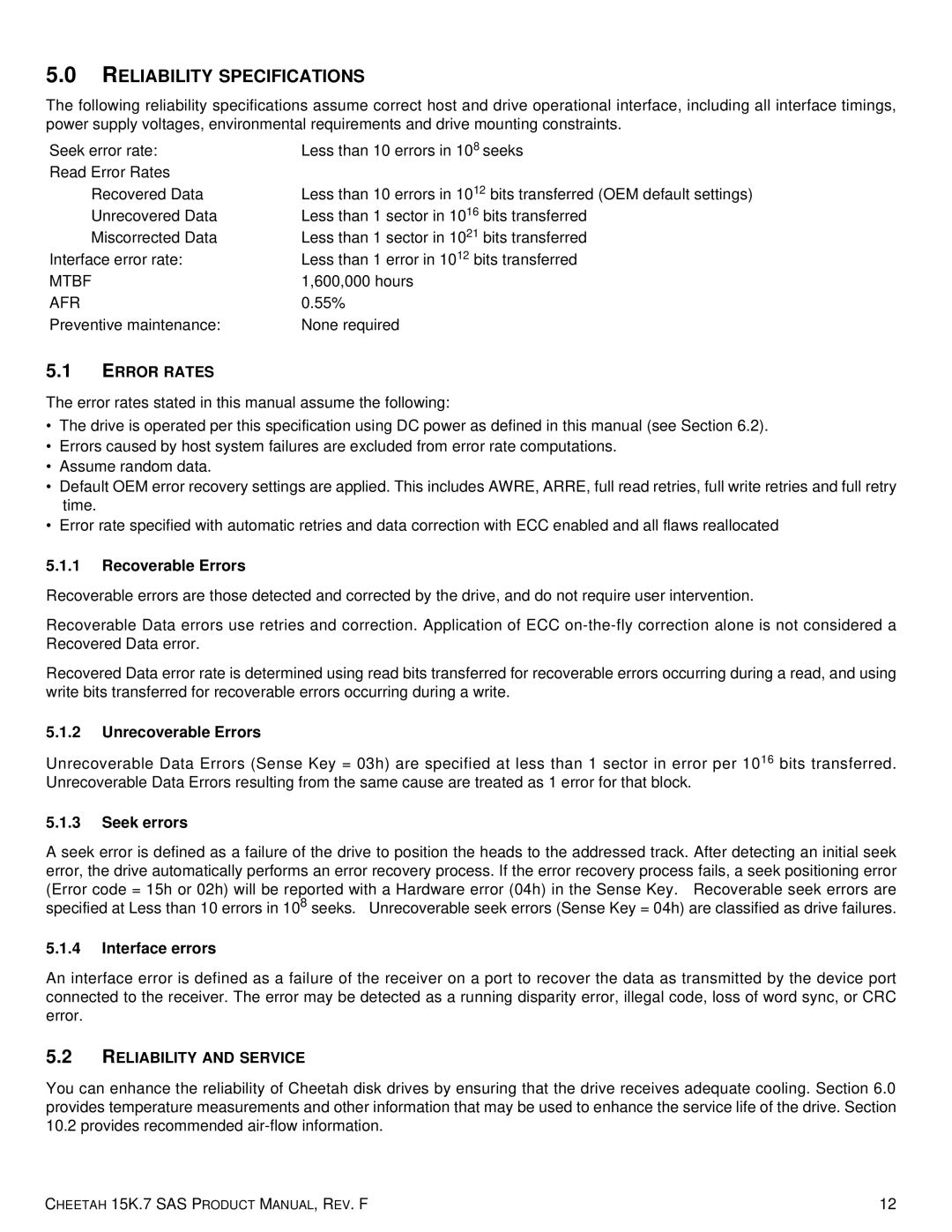 Seagate ST3450857SS, 100516226, ST3300457SS, ST3300657SS Reliability Specifications, Error Rates, Reliability and Service 