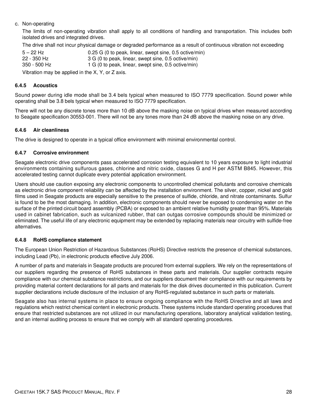 Seagate ST3600957SS, 100516226, ST3300457SS Acoustics, Air cleanliness, Corrosive environment, RoHS compliance statement 