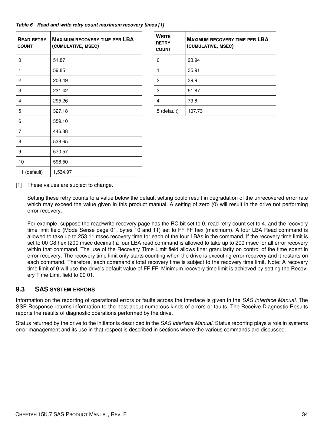 Seagate ST3300557SS, 100516226, ST3300457SS, ST336754LW SAS System Errors, Read and write retry count maximum recovery times 