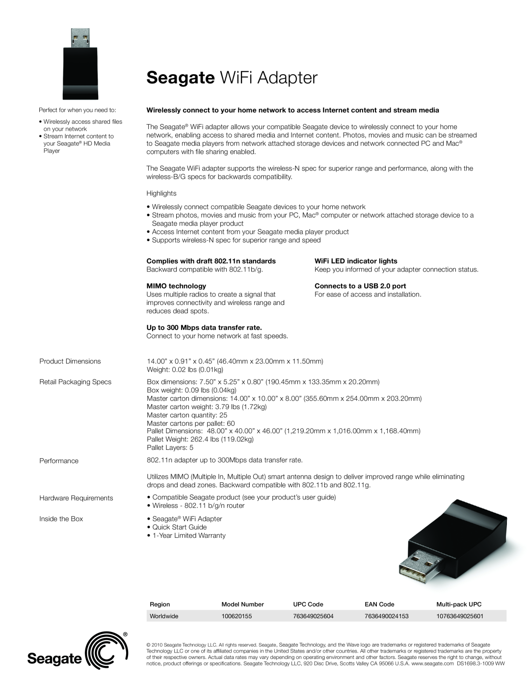 Seagate 100620155 dimensions Seagate WiFi Adapter, Complies with draft 802.11n standards, WiFi LED indicator lights 