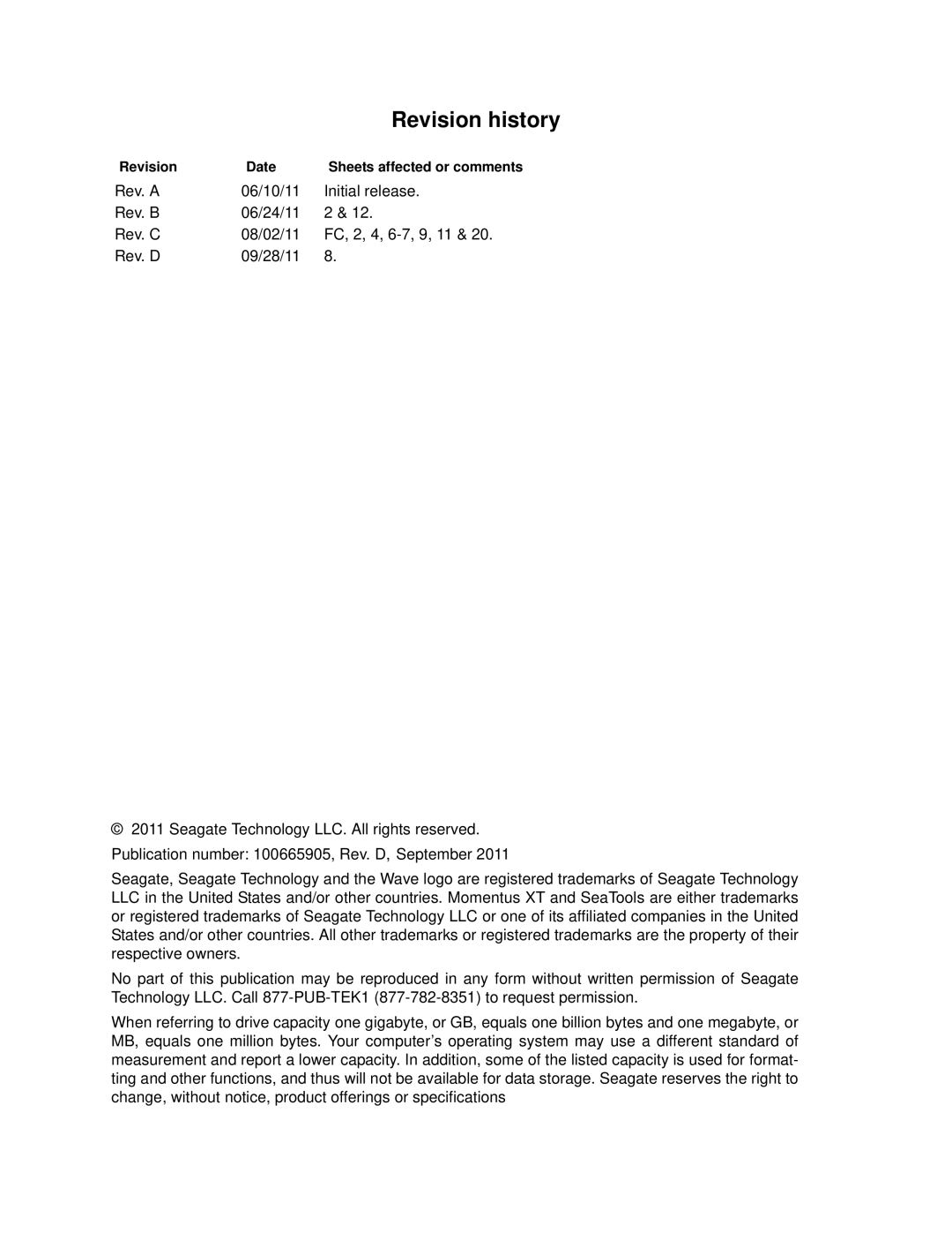 Seagate ST500LX003, 100665905, ST750LX003 manual Revision history, Revision Date Sheets affected or comments 