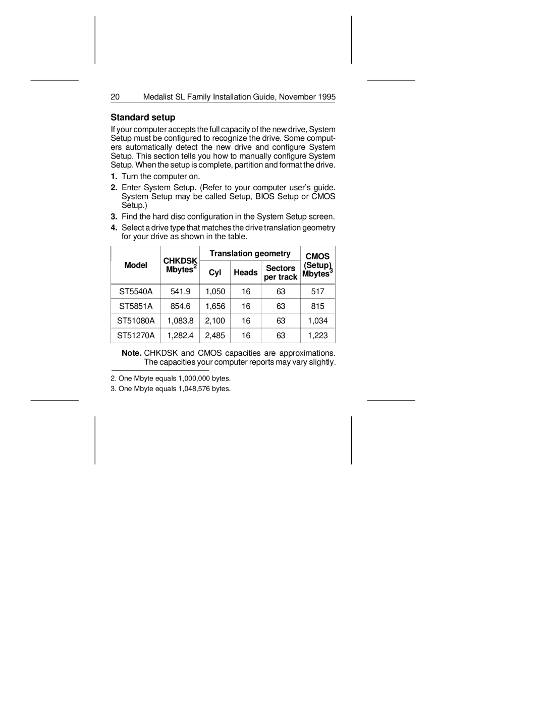 Seagate 540SL, 1080SL, 851SL, 1270SL manual Standard setup, Translation geometry, Model, Setup, Mbytes Cyl Heads 