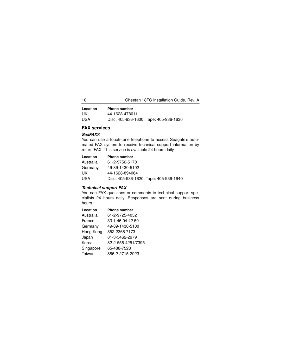 Seagate 18FC manual FAX services, SeaFAX, Technical support FAX 