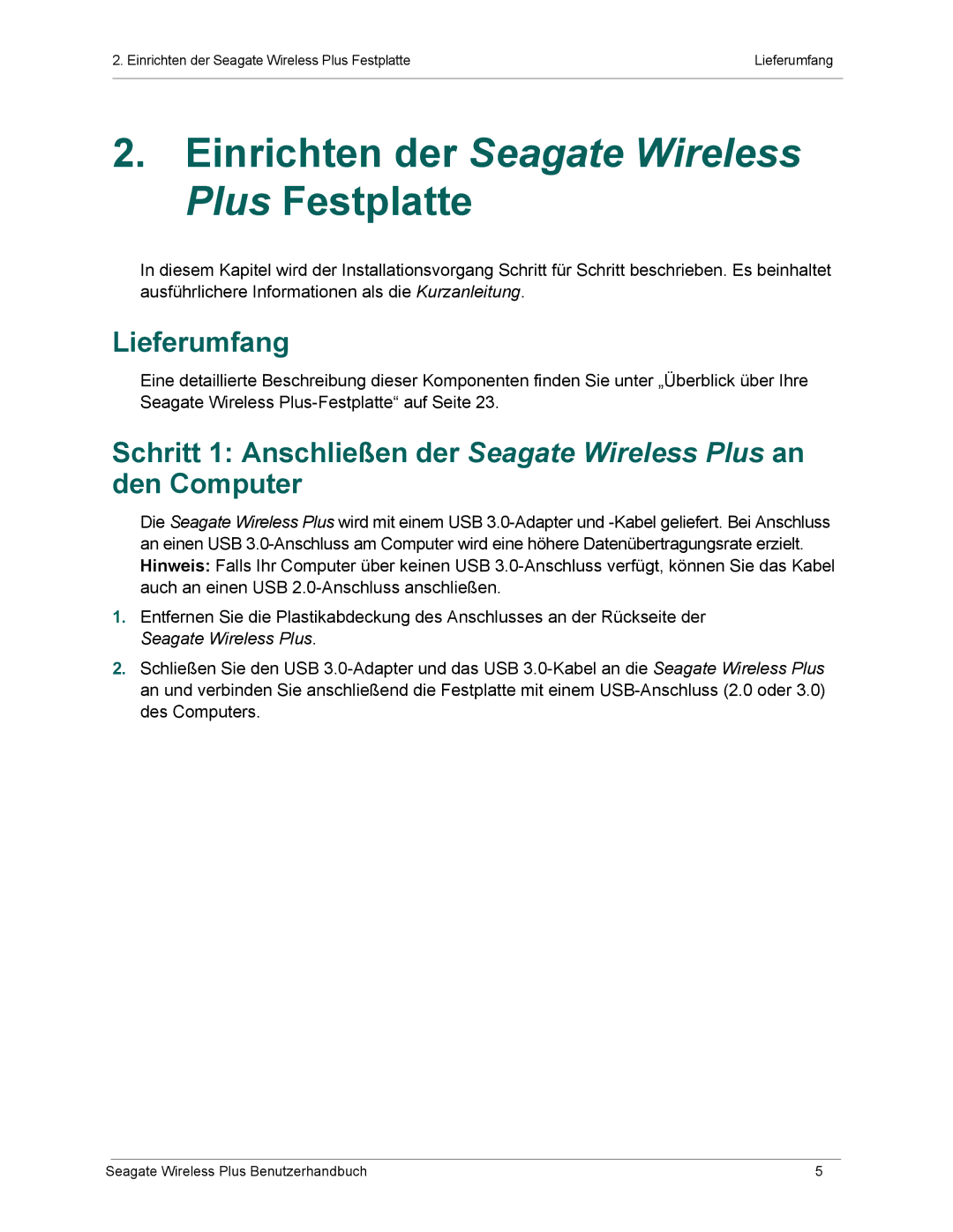 Seagate 1AYBA2 manual Einrichten der Seagate Wireless Plus Festplatte, Lieferumfang 