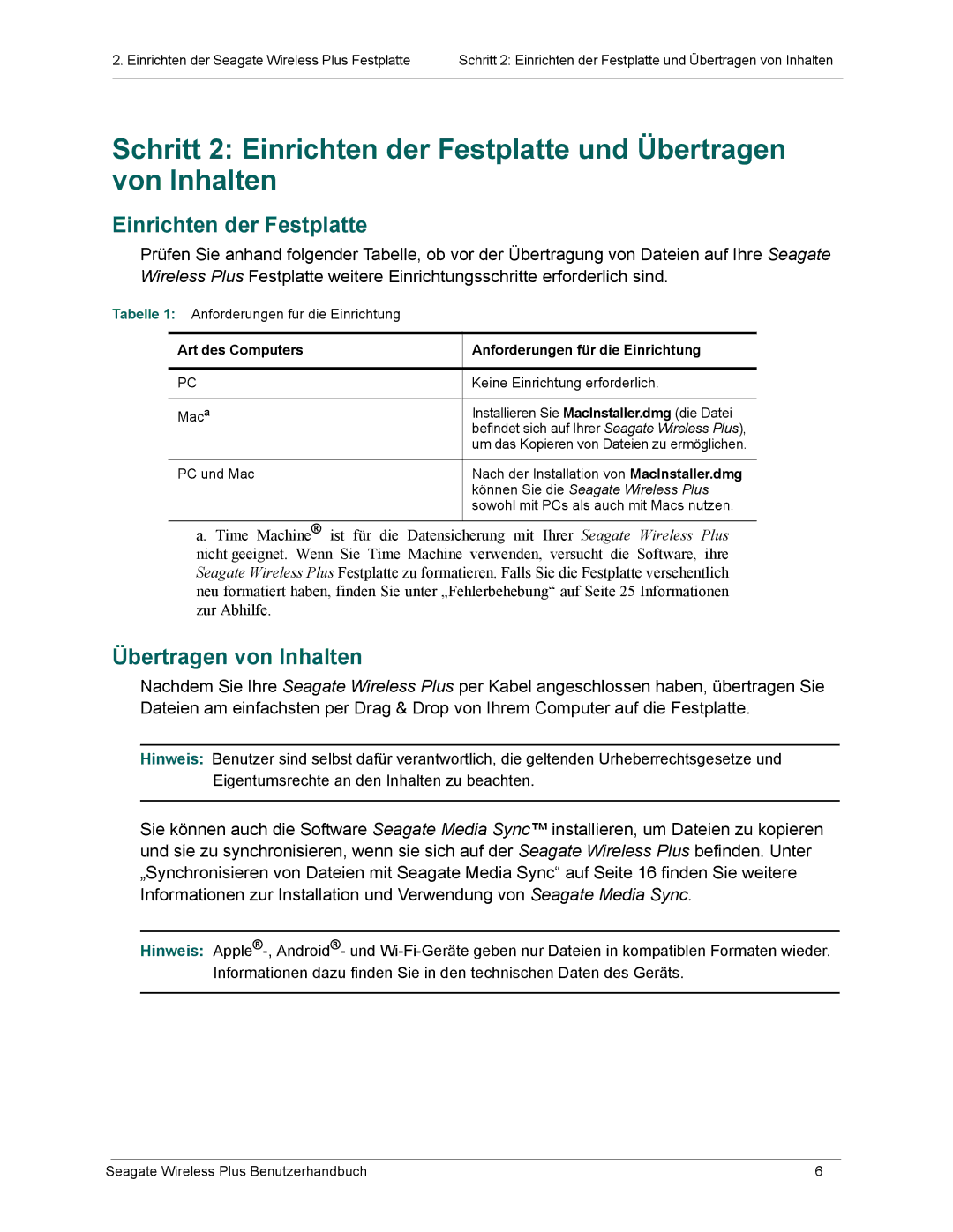 Seagate 1AYBA2 manual Einrichten der Festplatte, Übertragen von Inhalten 