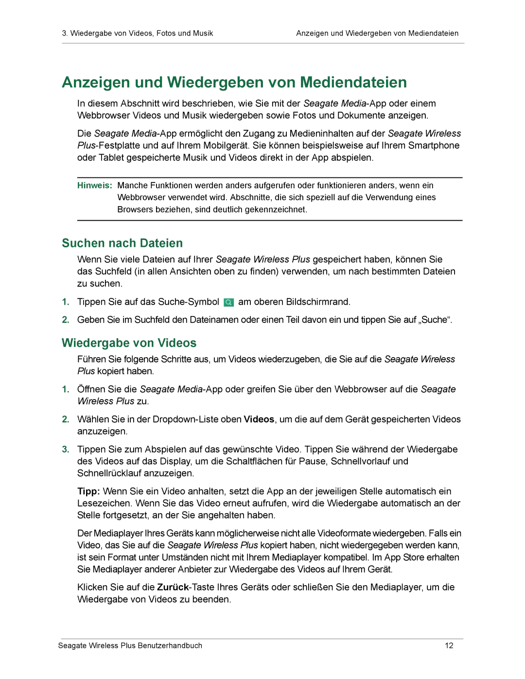 Seagate 1AYBA2 manual Anzeigen und Wiedergeben von Mediendateien, Suchen nach Dateien, Wiedergabe von Videos 