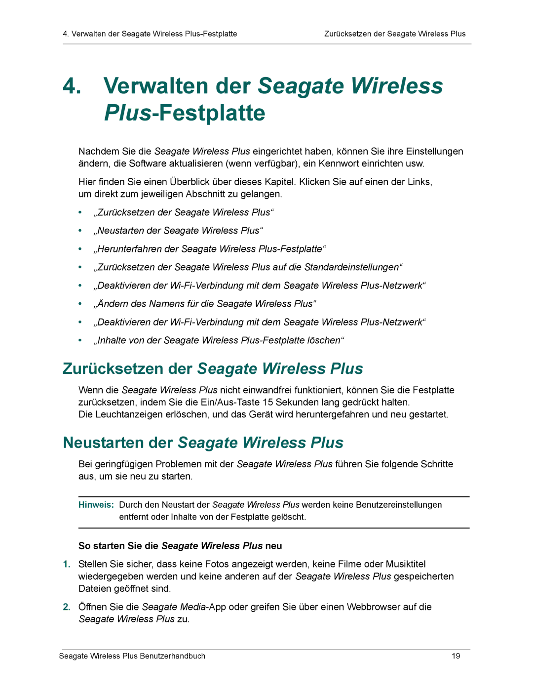 Seagate 1AYBA2 manual Verwalten der Seagate Wireless Plus-Festplatte, So starten Sie die Seagate Wireless Plus neu 