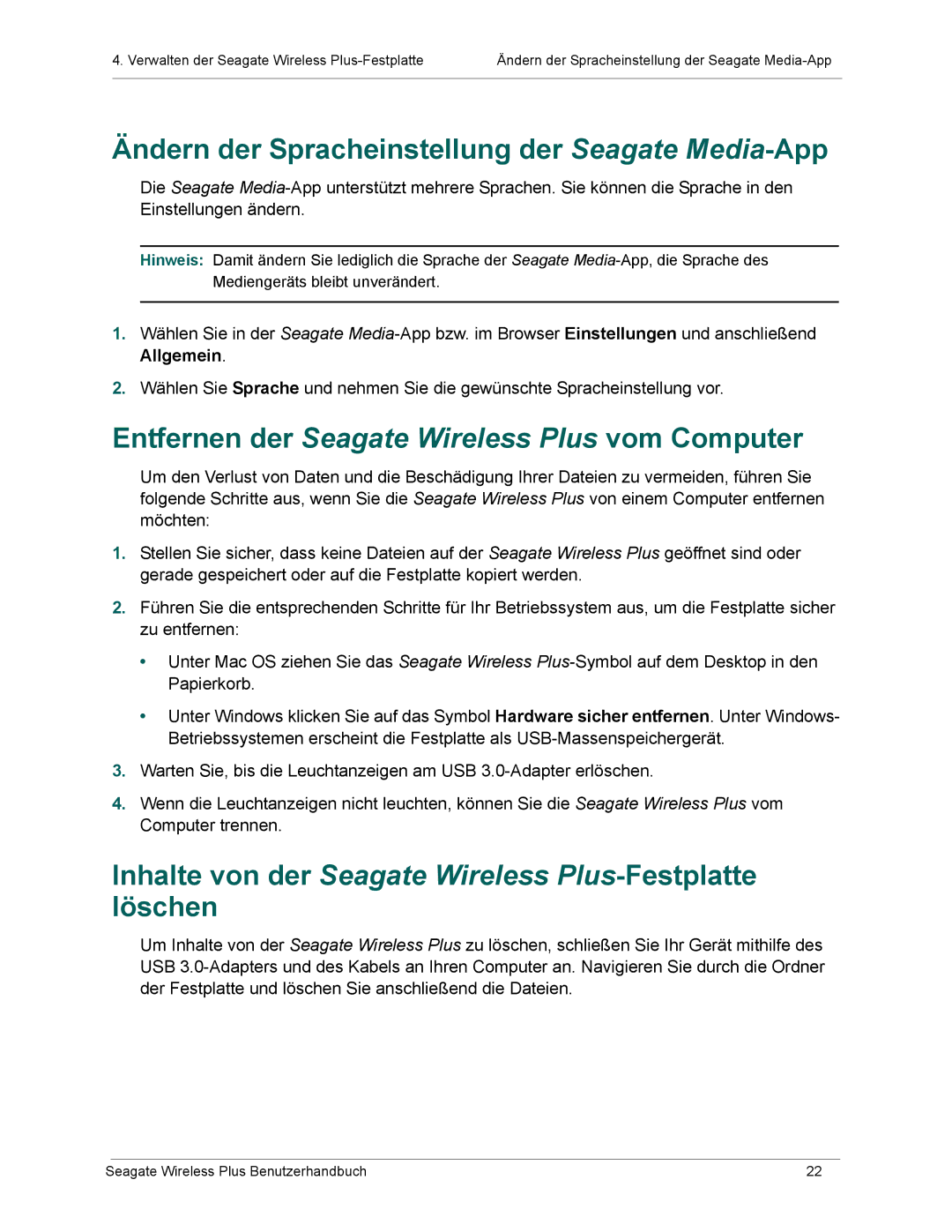 Seagate 1AYBA2 manual Ändern der Spracheinstellung der Seagate Media-App, Entfernen der Seagate Wireless Plus vom Computer 