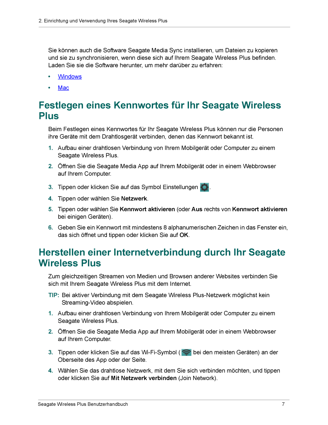 Seagate 1AYBA4 manual Festlegen eines Kennwortes für Ihr Seagate Wireless Plus 