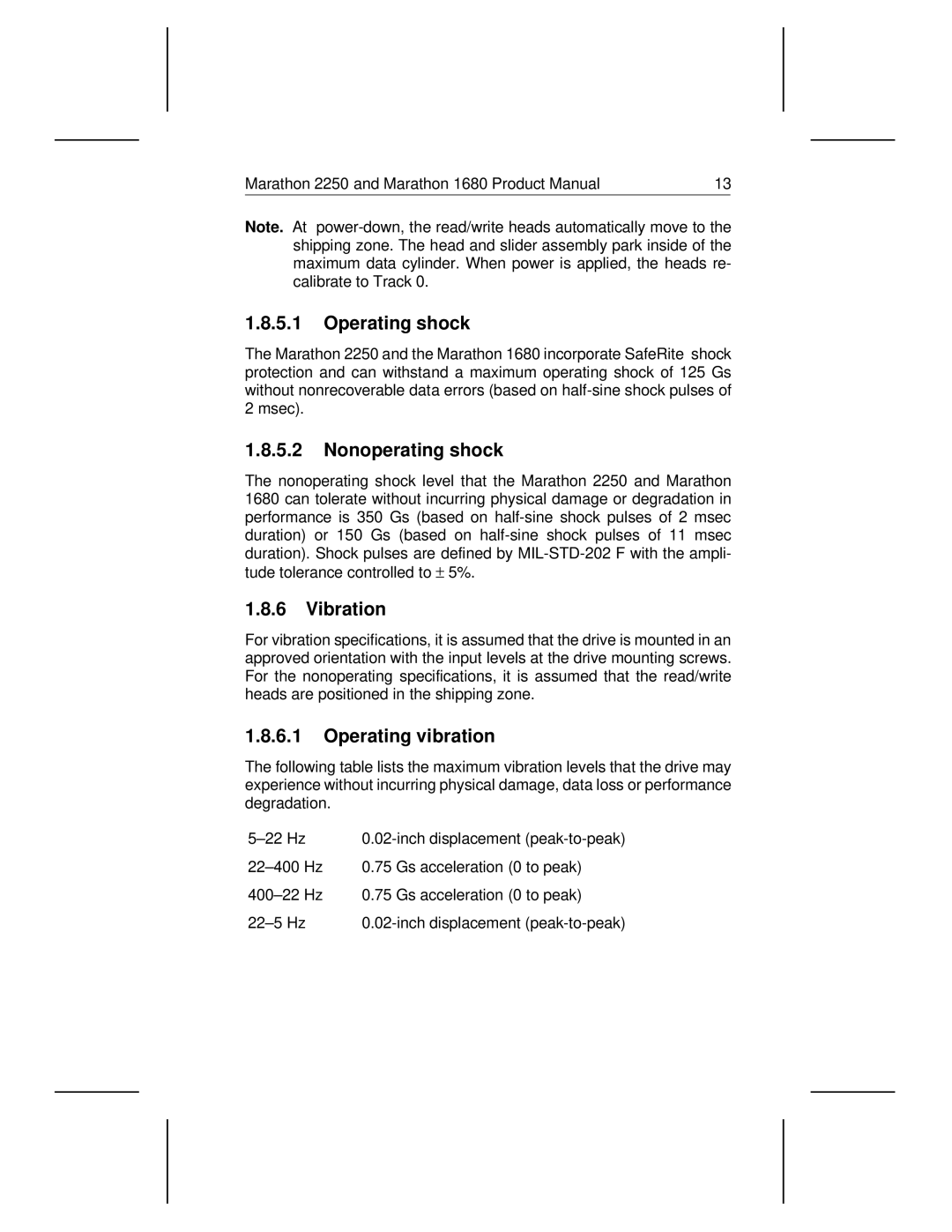 Seagate 1680, 2250 manual Operating shock, Nonoperating shock, Vibration, Operating vibration 