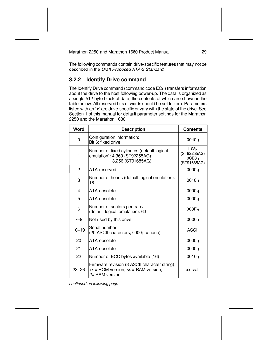 Seagate 1680, 2250 manual Identify Drive command, Word Description Contents 