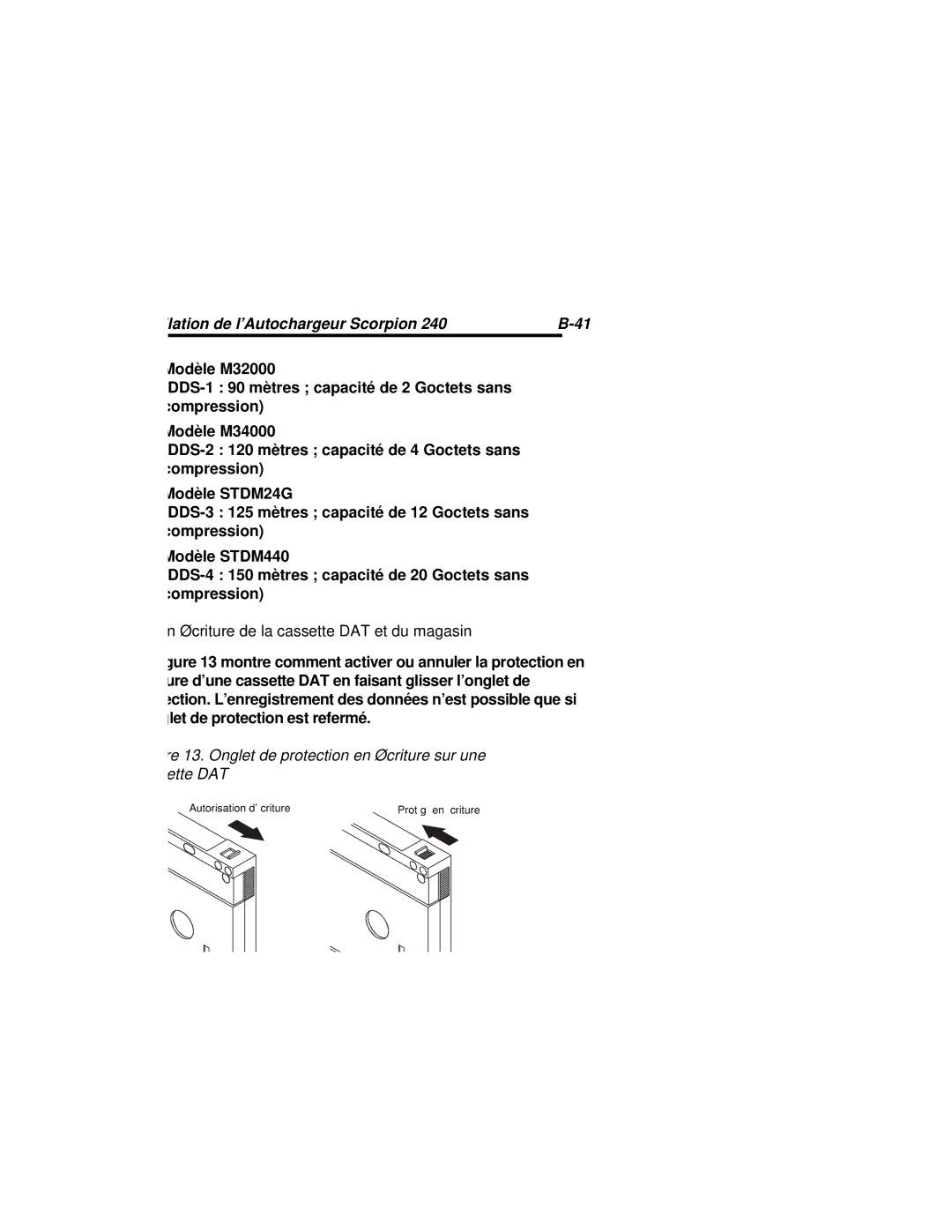 Seagate 240 DDS-4 manual Protection en écriture de la cassette DAT et du magasin 