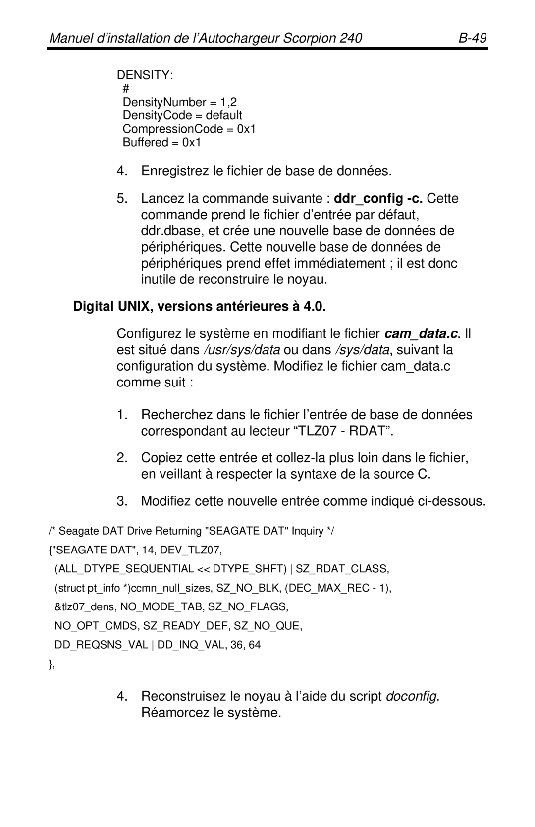 Seagate 240 DDS-4 manual Digital UNIX, versions antérieures à 