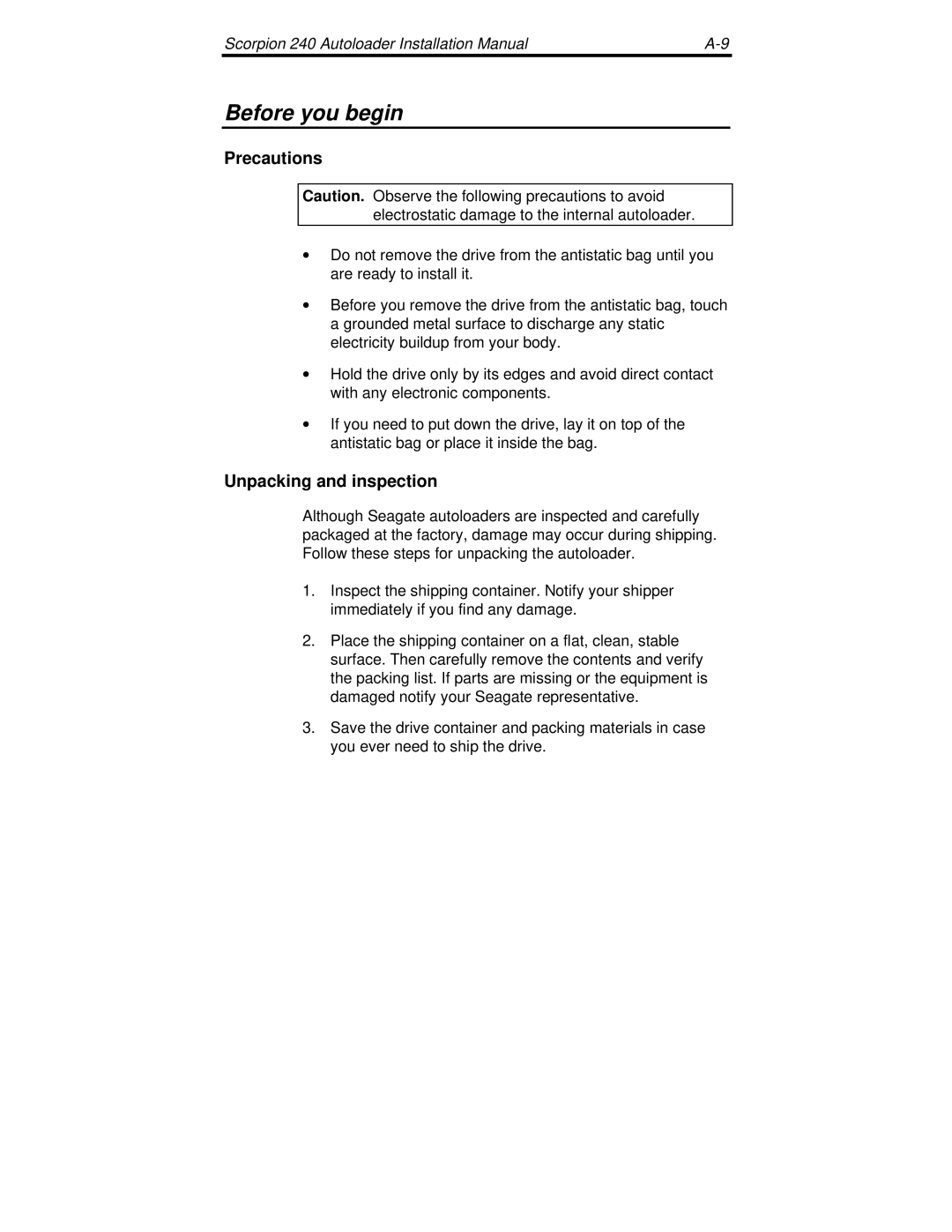 Seagate 240 DDS-4 manual Before you begin, Precautions, Unpacking and inspection 