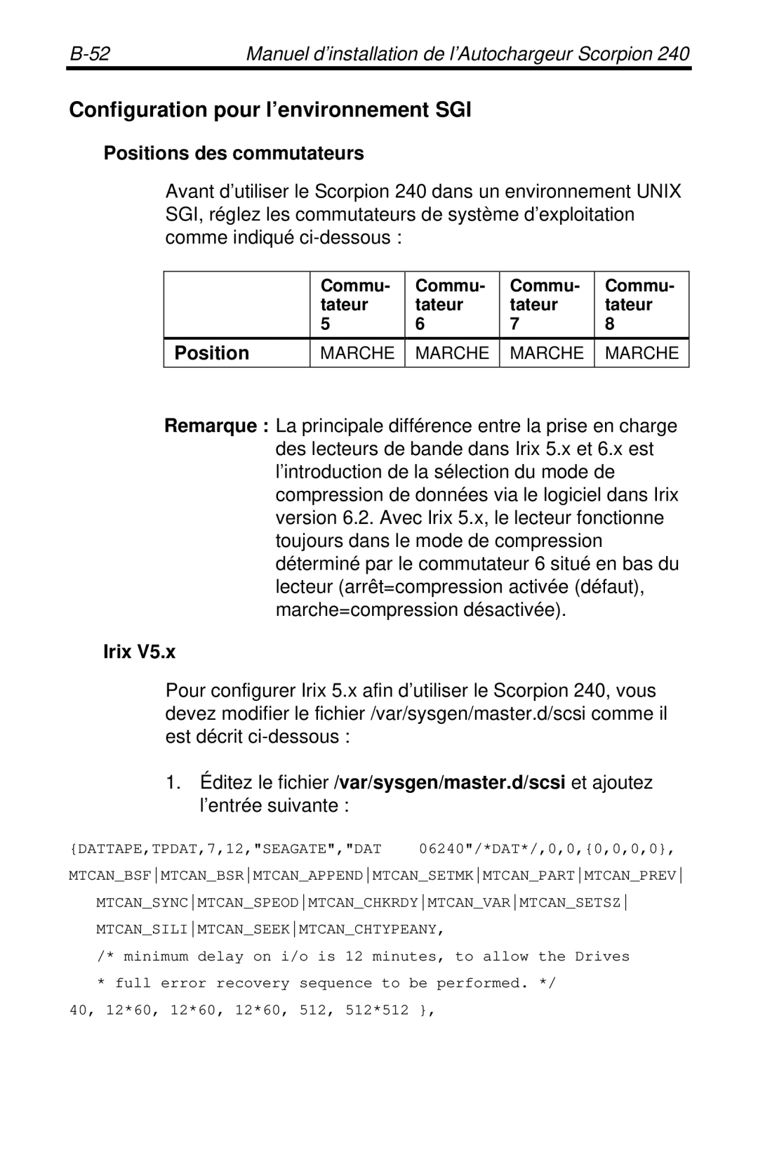 Seagate 240 DDS-4 manual Configuration pour l’environnement SGI, Irix 