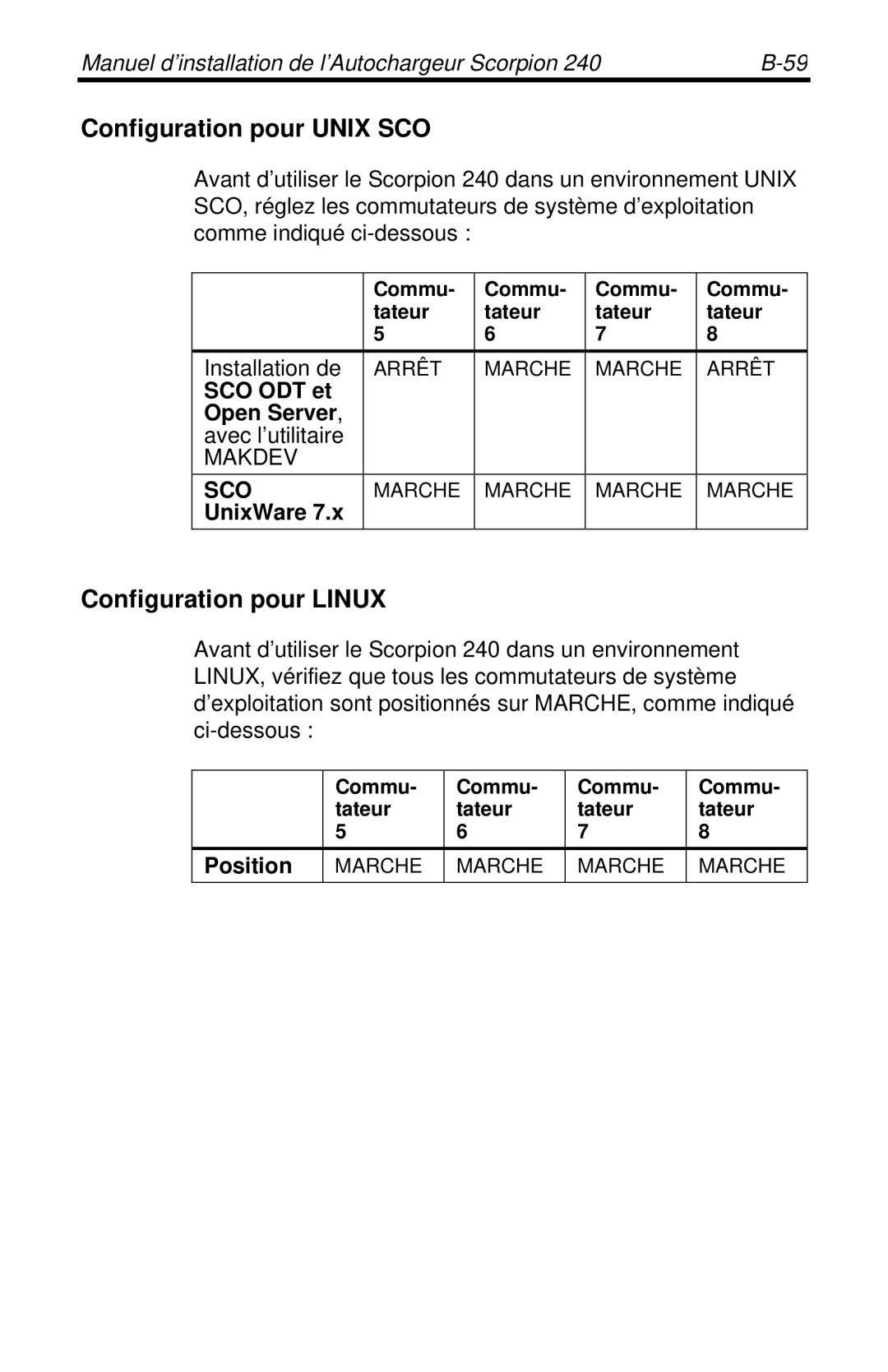 Seagate 240 DDS-4 manual Configuration pour Unix SCO, Configuration pour Linux, Installation de, UnixWare 