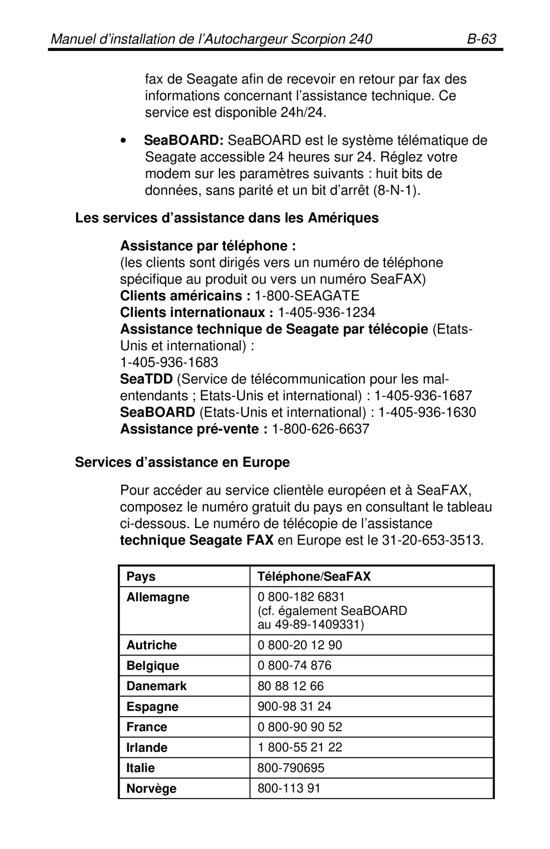 Seagate 240 DDS-4 manual Services d’assistance en Europe 