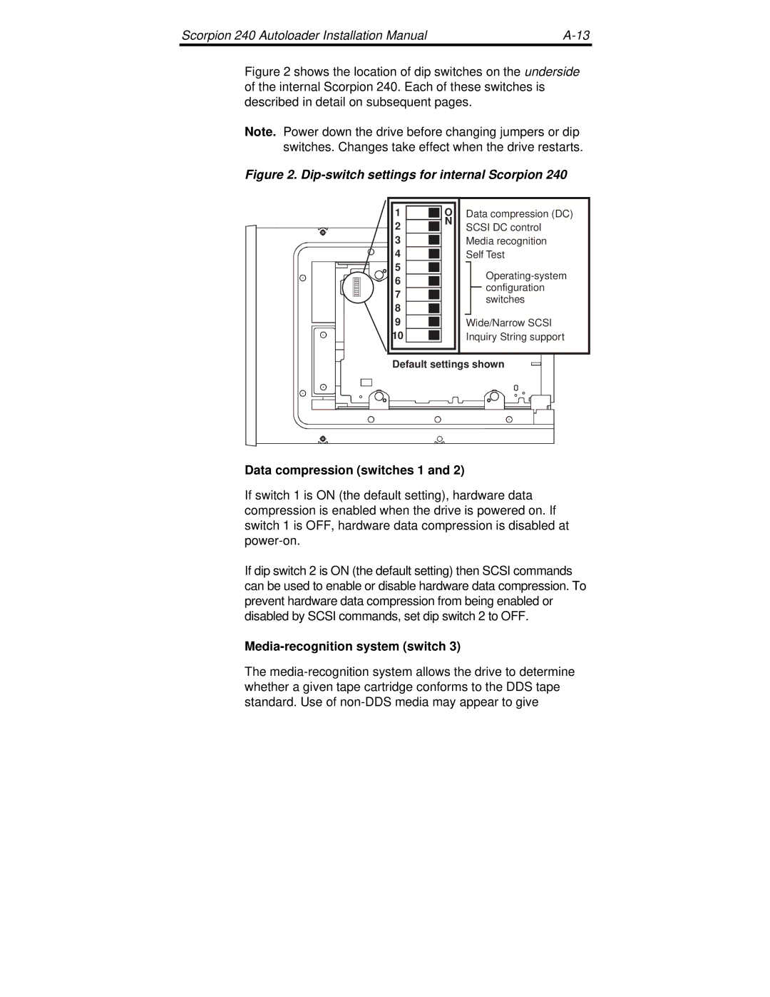 Seagate 240 DDS-4 manual Data compression switches 1, Media-recognition system switch 