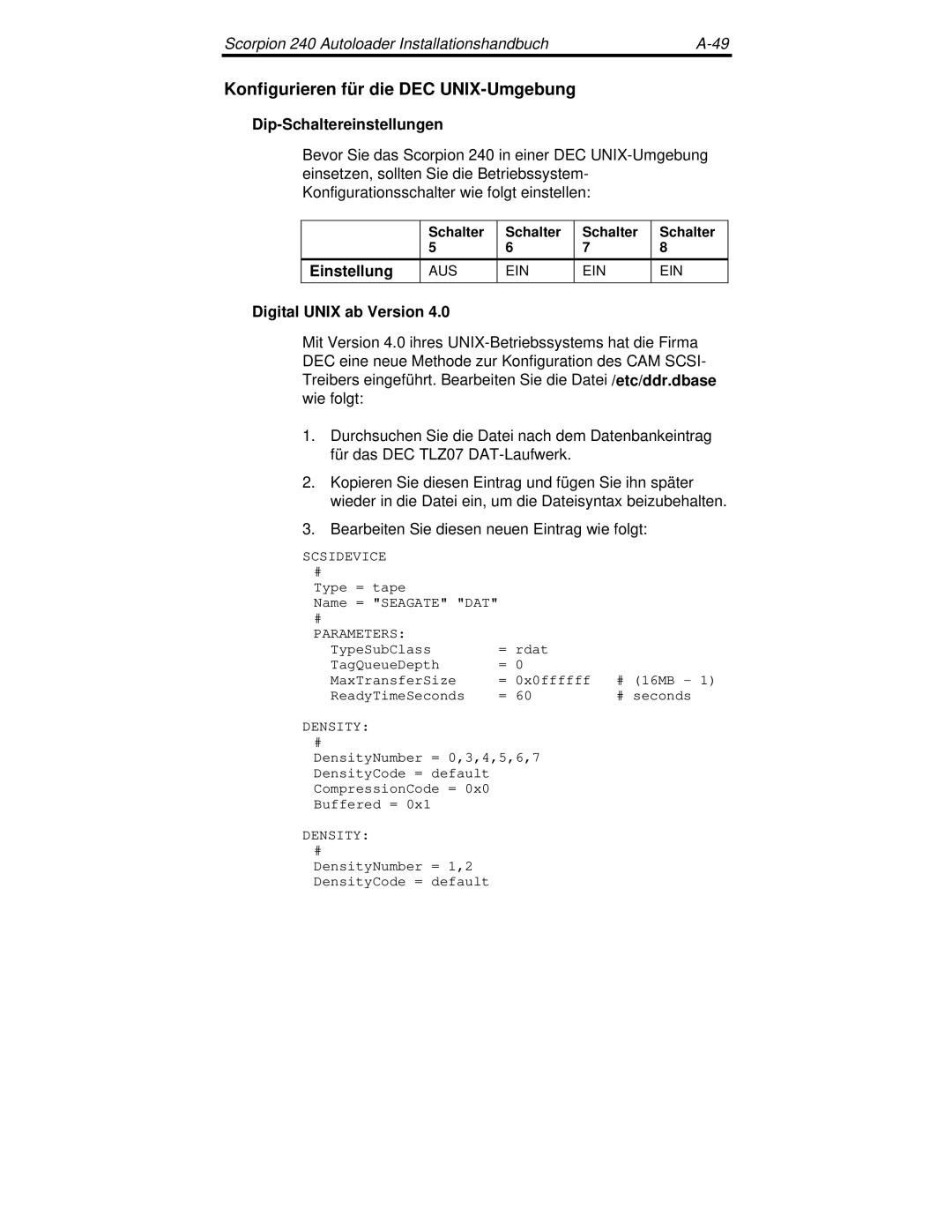 Seagate 240 DDS-4 Konfigurieren für die DEC UNIX-Umgebung, Dip-Schaltereinstellungen, Einstellung, Digital Unix ab Version 