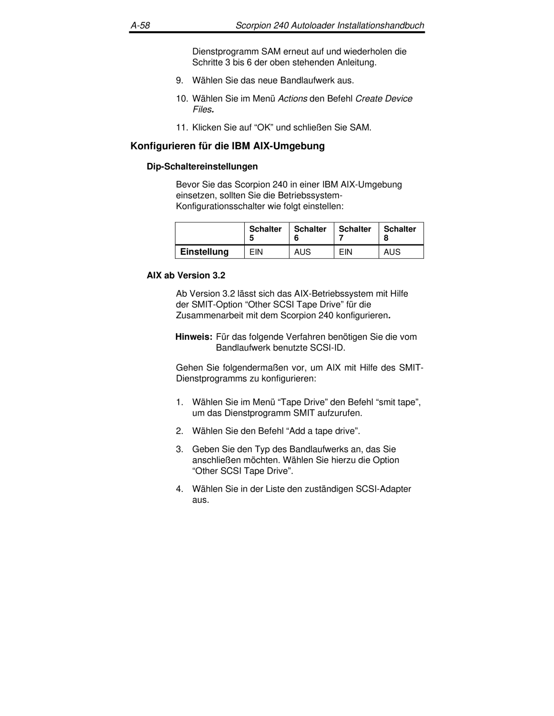 Seagate 240 DDS-4 manual Konfigurieren für die IBM AIX-Umgebung, AIX ab Version 