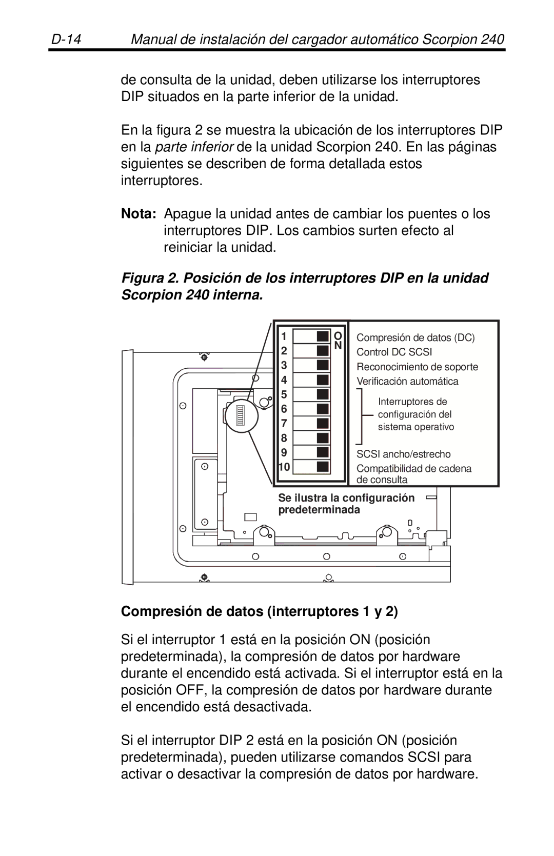 Seagate 240 DDS-4 manual Compresión de datos interruptores 1 y 