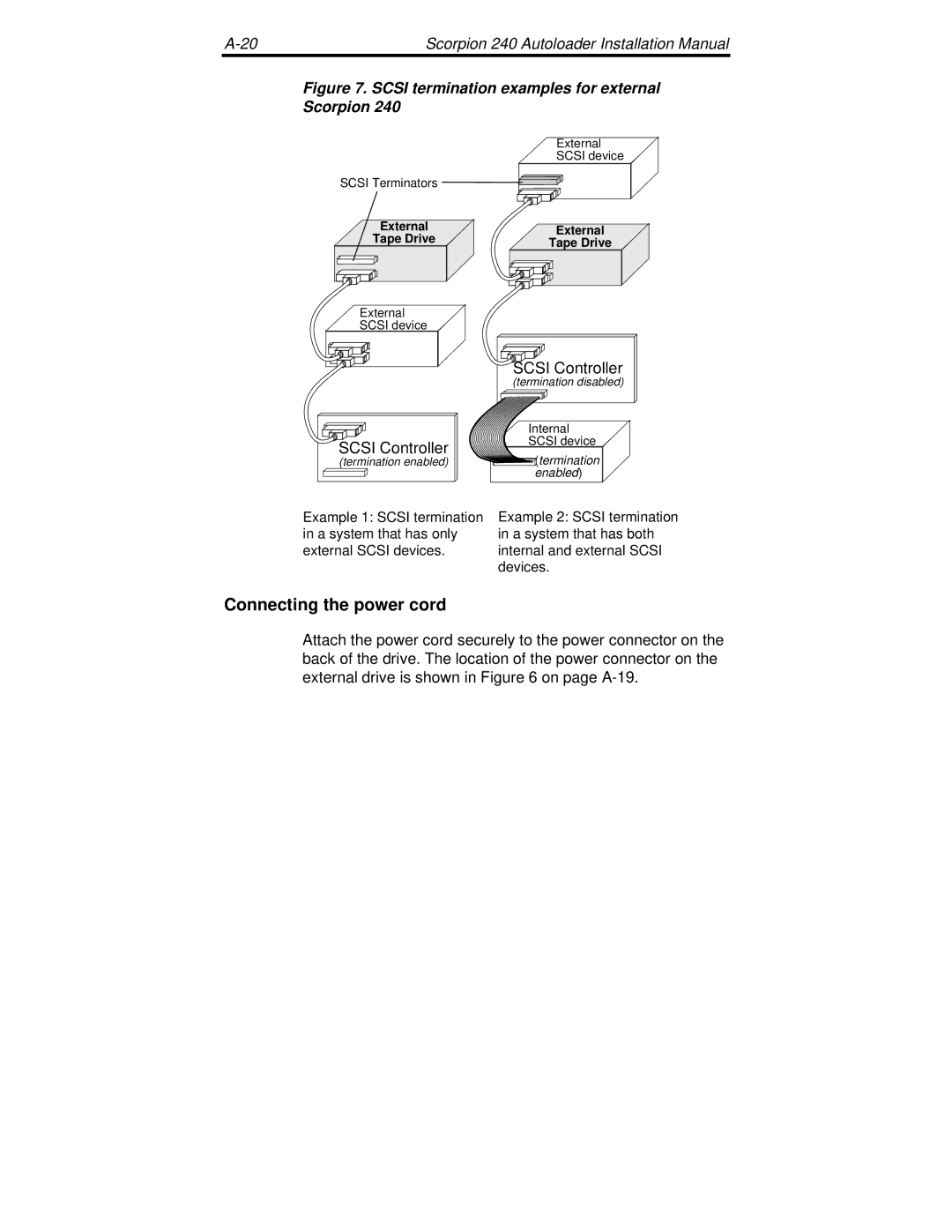 Seagate 240 DDS-4 manual Connecting the power cord, Scsi termination examples for external Scorpion 