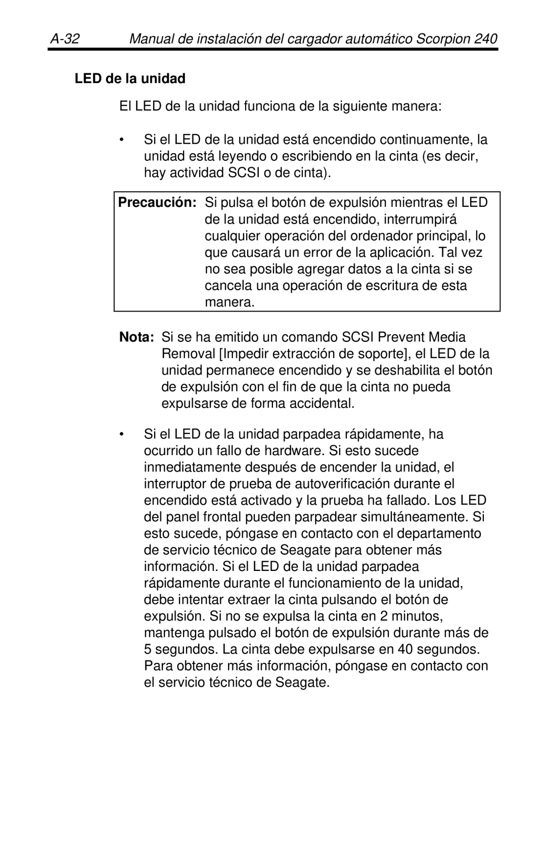 Seagate 240 DDS-4 manual LED de la unidad 