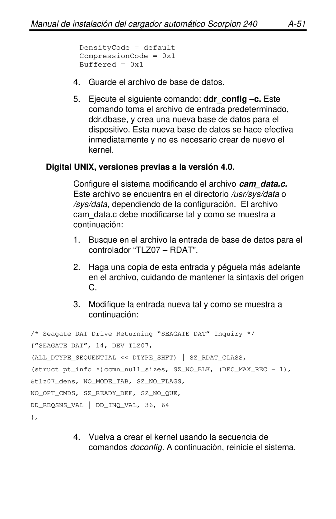 Seagate 240 DDS-4 manual Digital UNIX, versiones previas a la versión 