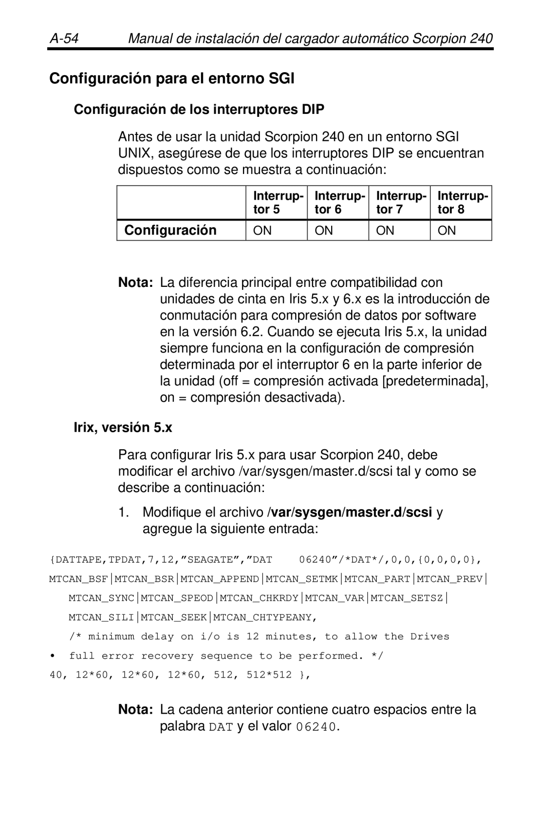 Seagate 240 DDS-4 manual Configuración para el entorno SGI, Irix, versión 