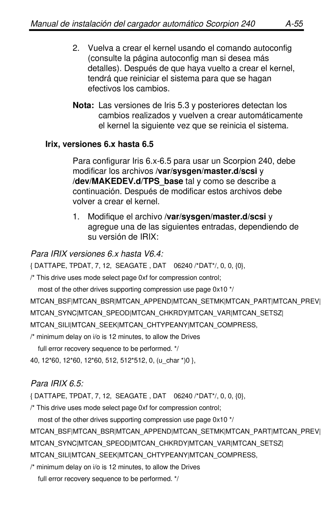 Seagate 240 DDS-4 manual Irix, versiones 6.x hasta, Para Irix versiones 6.x hasta 