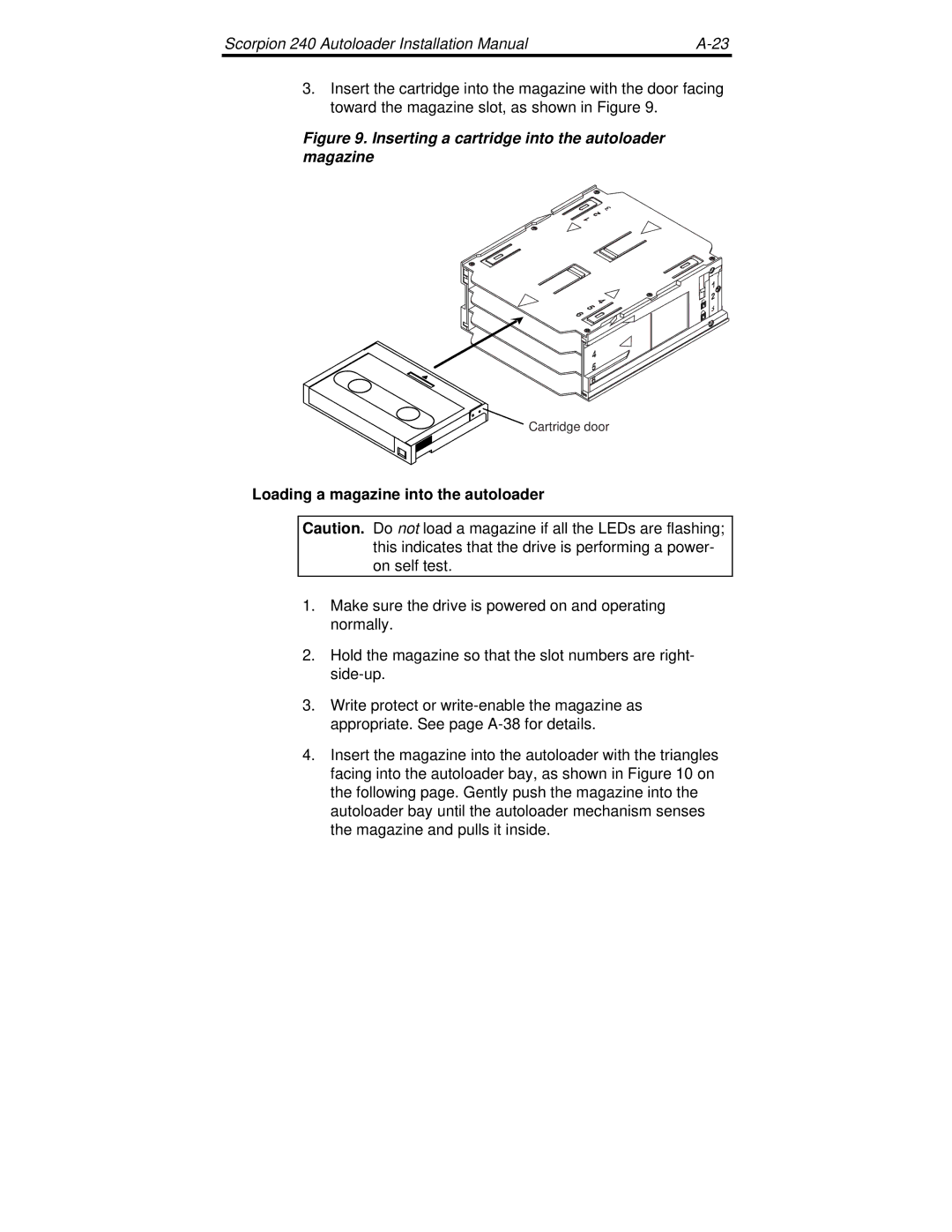 Seagate 240 DDS-4 manual Inserting a cartridge into the autoloader magazine, Loading a magazine into the autoloader 