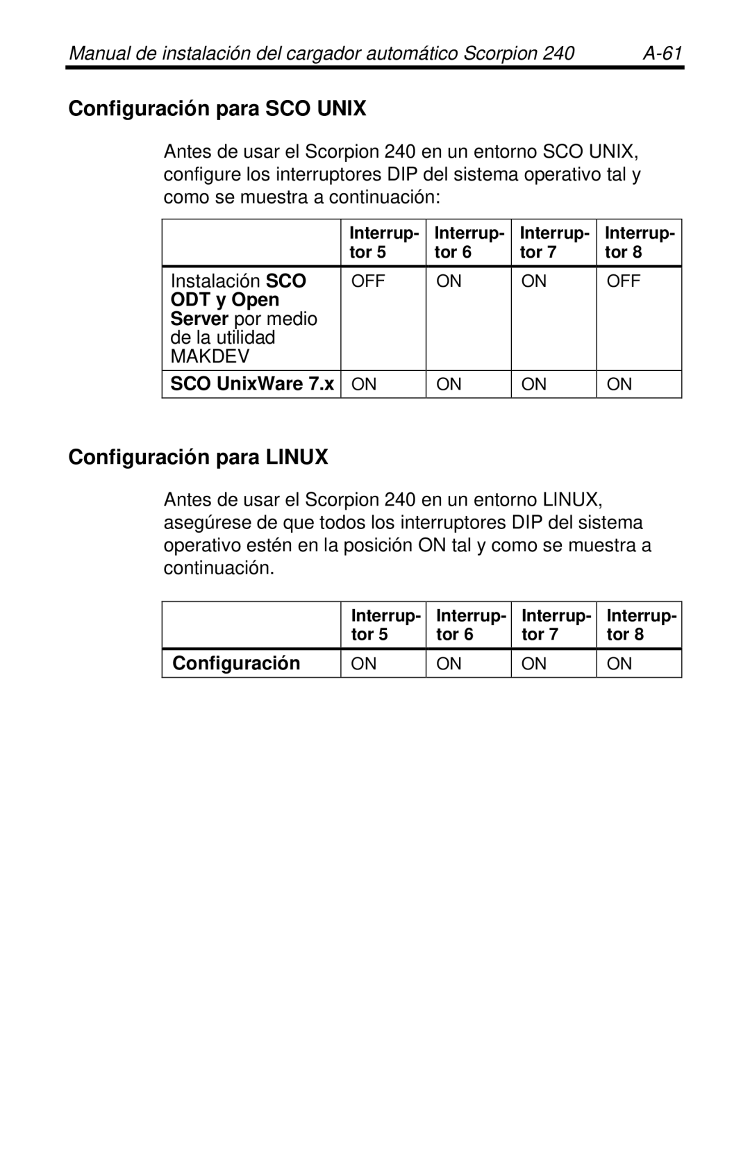 Seagate 240 DDS-4 manual Configuración para SCO Unix, Configuración para Linux, Instalación SCO 