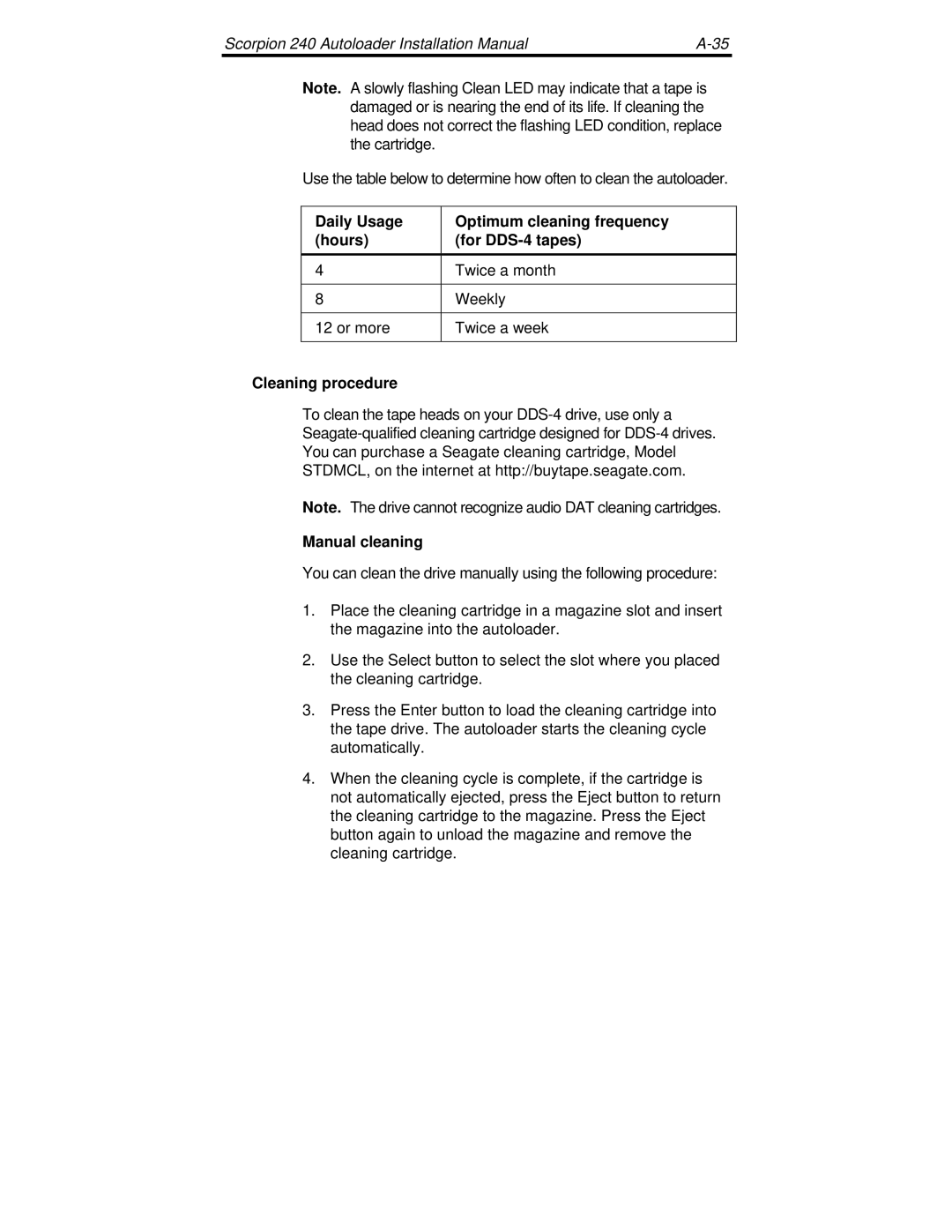 Seagate 240 DDS-4 manual Manual cleaning 