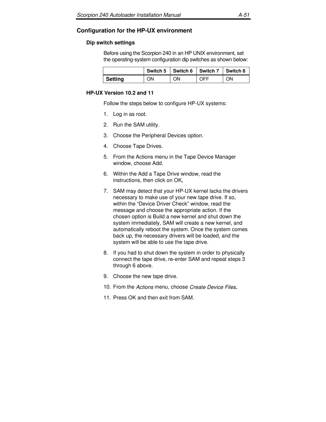 Seagate 240 DDS-4 manual Configuration for the HP-UX environment, HP-UX Version 10.2 