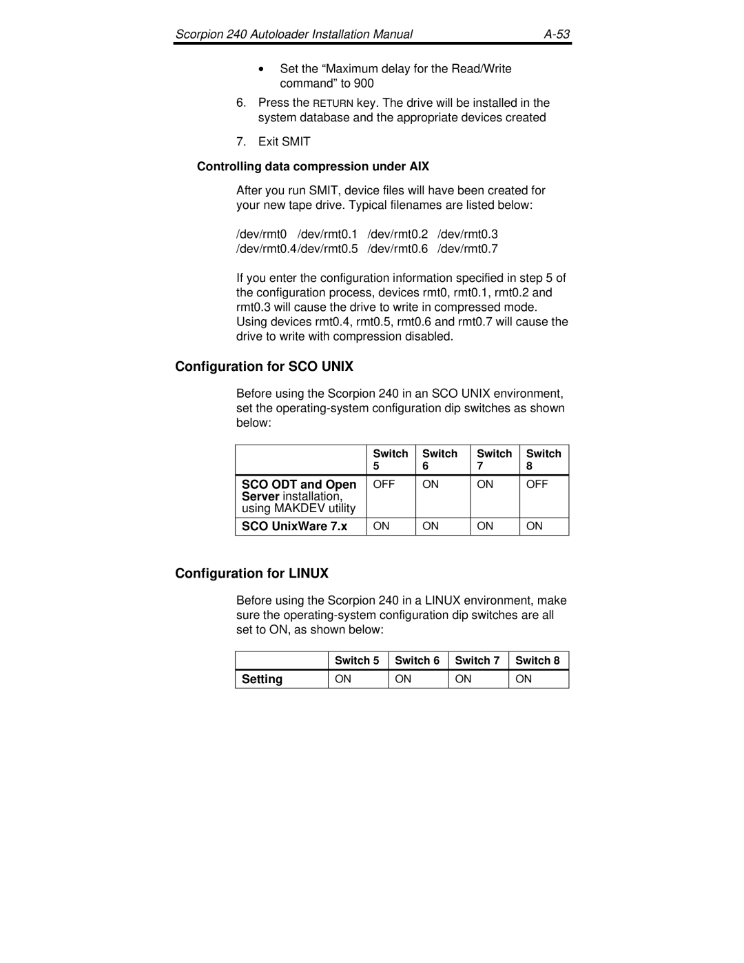 Seagate 240 DDS-4 manual Configuration for SCO Unix, Configuration for Linux, Controlling data compression under AIX 