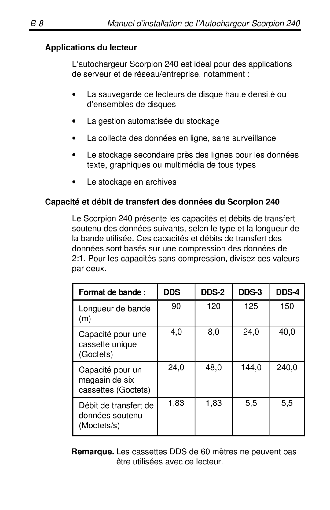 Seagate 240 DDS-4 manual Applications du lecteur, Capacité et débit de transfert des données du Scorpion, Format de bande 