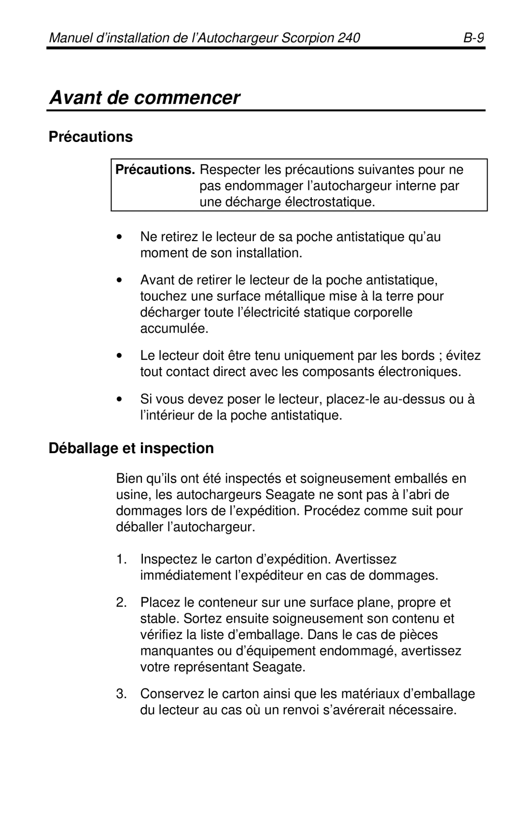 Seagate 240 DDS-4 manual Avant de commencer, Précautions, Déballage et inspection 