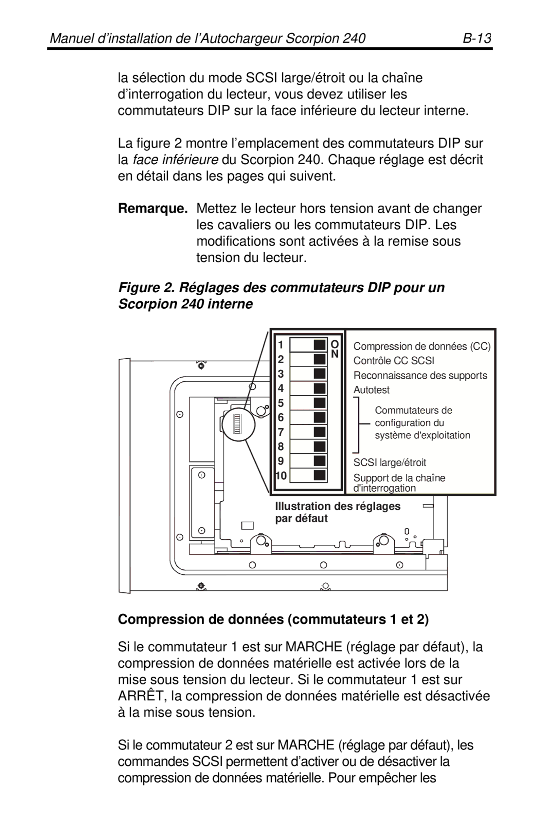 Seagate 240 DDS-4 Réglages des commutateurs DIP pour un Scorpion 240 interne, Compression de données commutateurs 1 et 