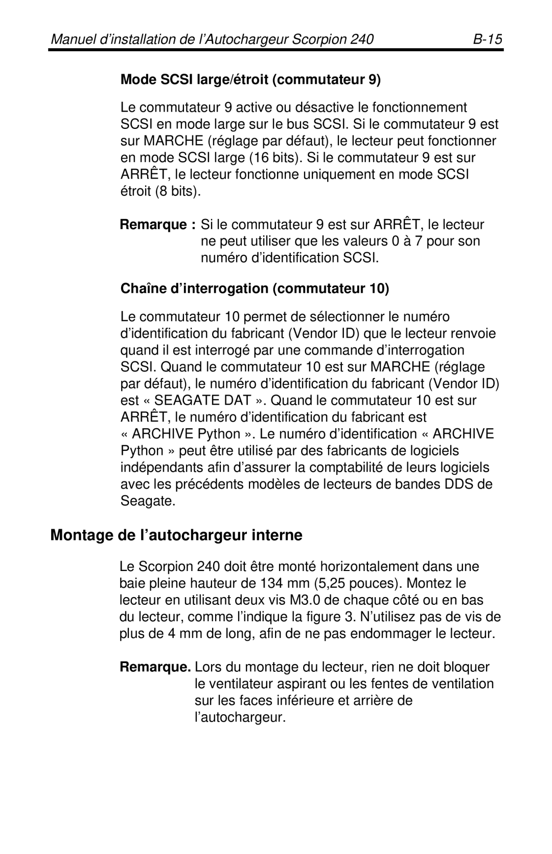 Seagate 240 DDS-4 manual Montage de l’autochargeur interne, Mode Scsi large/étroit commutateur 