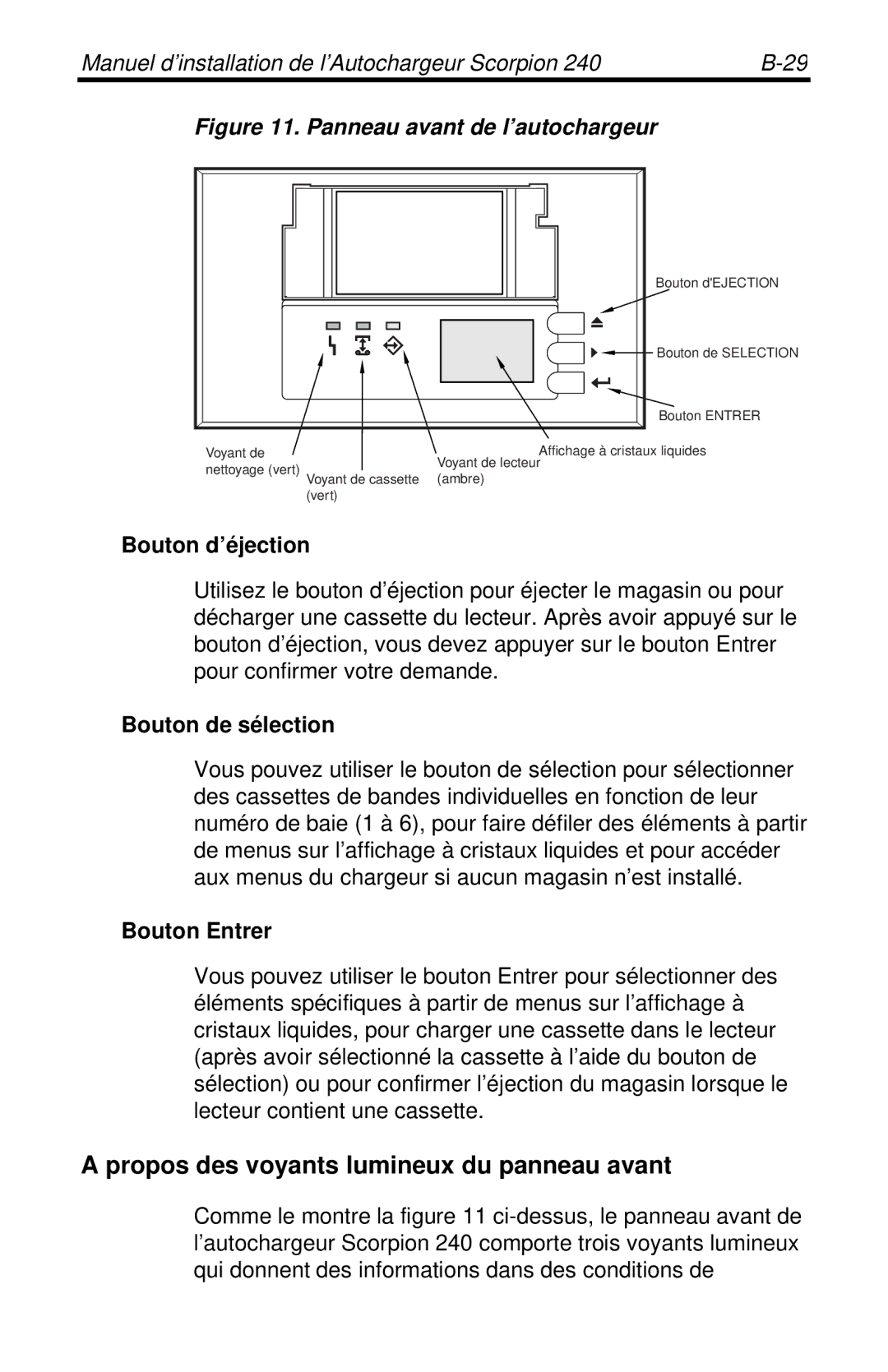 Seagate 240 DDS-4 Propos des voyants lumineux du panneau avant, Bouton d’éjection, Bouton de sélection, Bouton Entrer 