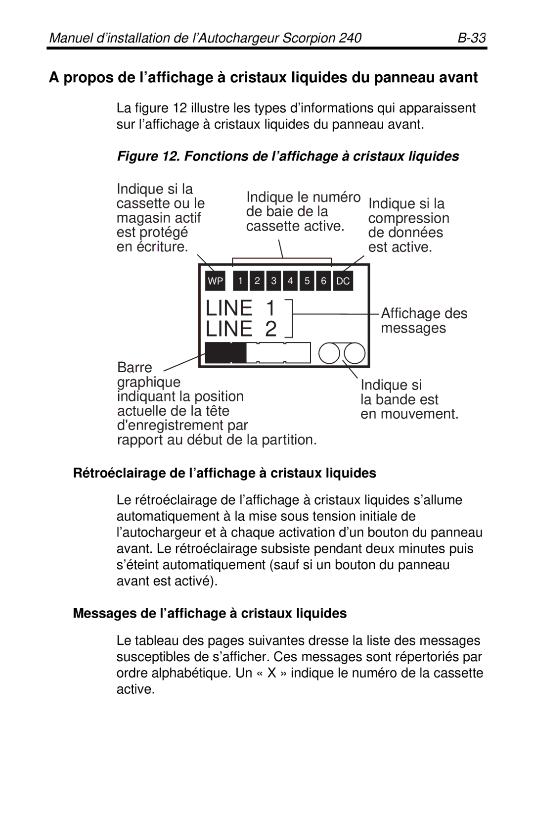 Seagate 240 DDS-4 Propos de l’affichage à cristaux liquides du panneau avant, Messages de l’affichage à cristaux liquides 