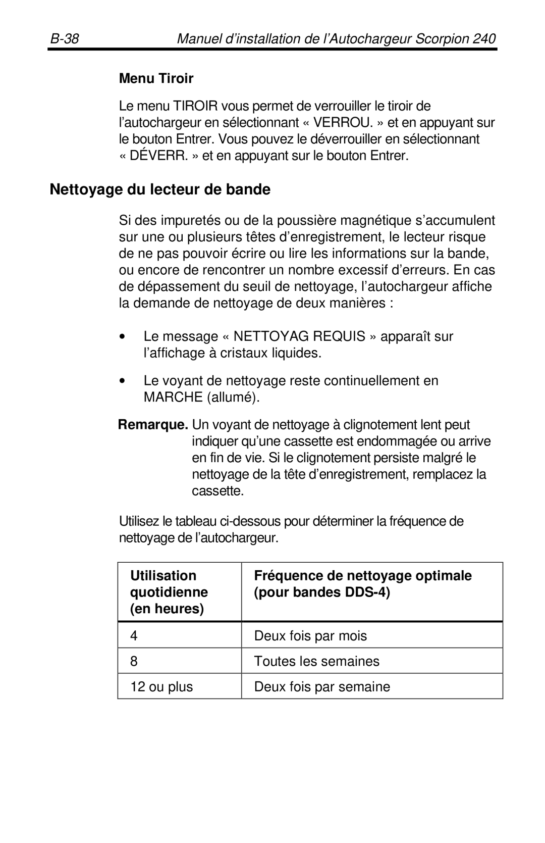 Seagate 240 DDS-4 manual Nettoyage du lecteur de bande, Menu Tiroir 