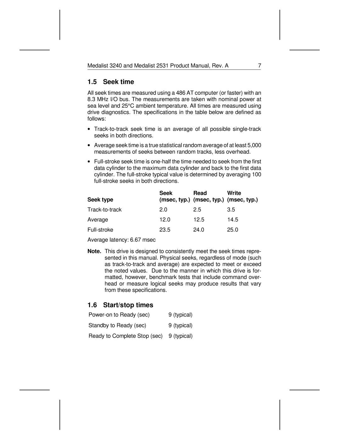 Seagate 3240, 2531 manual Seek time, Start/stop times, Seek Read Write Seek type Msec, typ 