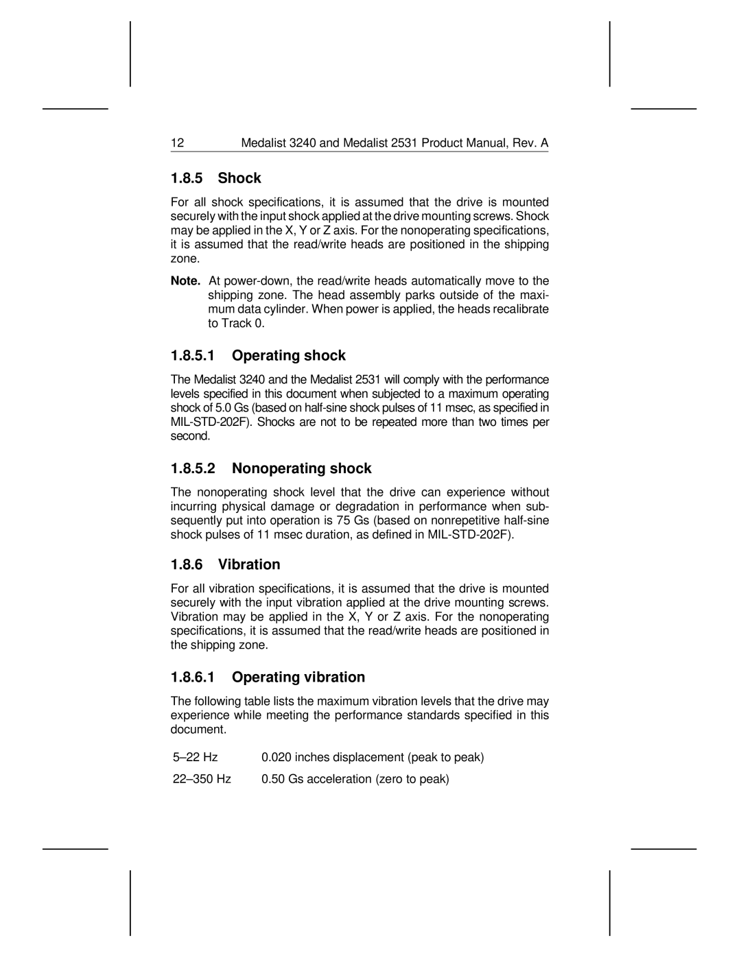 Seagate 2531, 3240 manual Shock, Operating shock, Nonoperating shock, Vibration, Operating vibration 