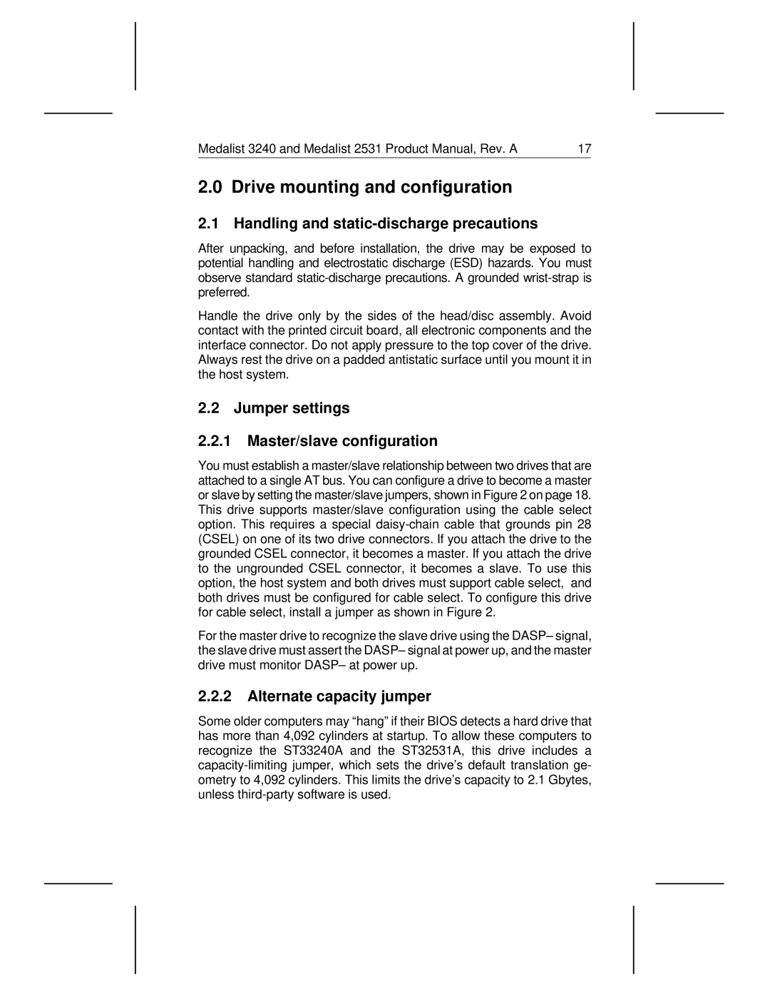 Seagate 3240, 2531 manual Handling and static-discharge precautions, Jumper settings Master/slave configuration 