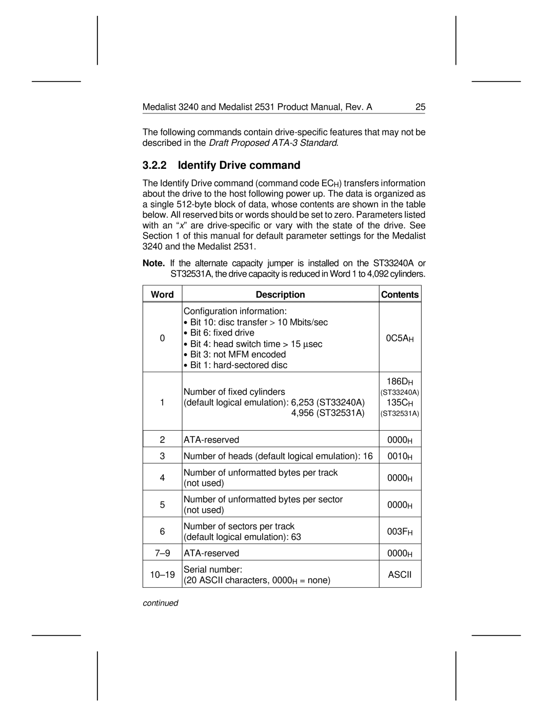 Seagate 3240, 2531 manual Identify Drive command, Word Description Contents 